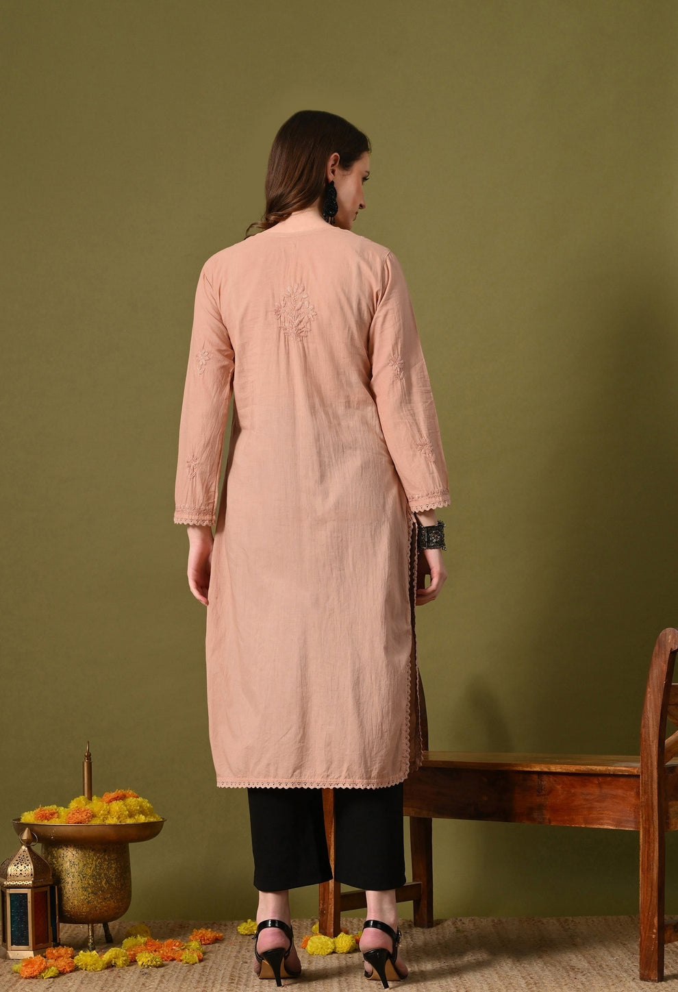 Zawiya Dyed Regular Size Mulmul Cotton Chikankari Kurti with Lace Detailing – Perfect for Every Occasions