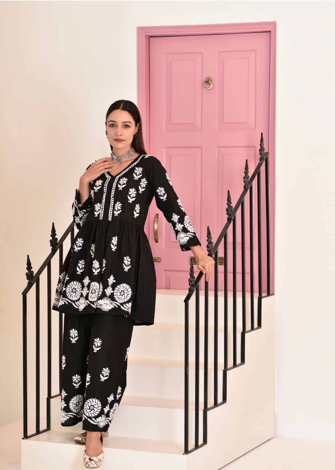 Afsana Chikankari Pure Soft Cotton Co-Ord Set – Short Gown & Palazzo Set