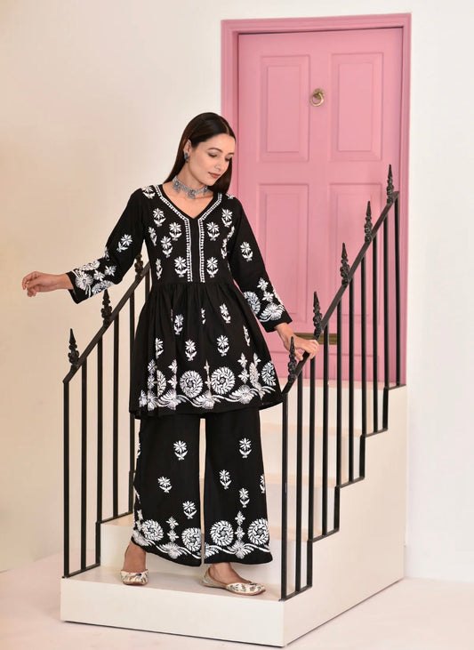 Afsana Chikankari Pure Soft Cotton Co-Ord Set – Short Gown & Palazzo Set