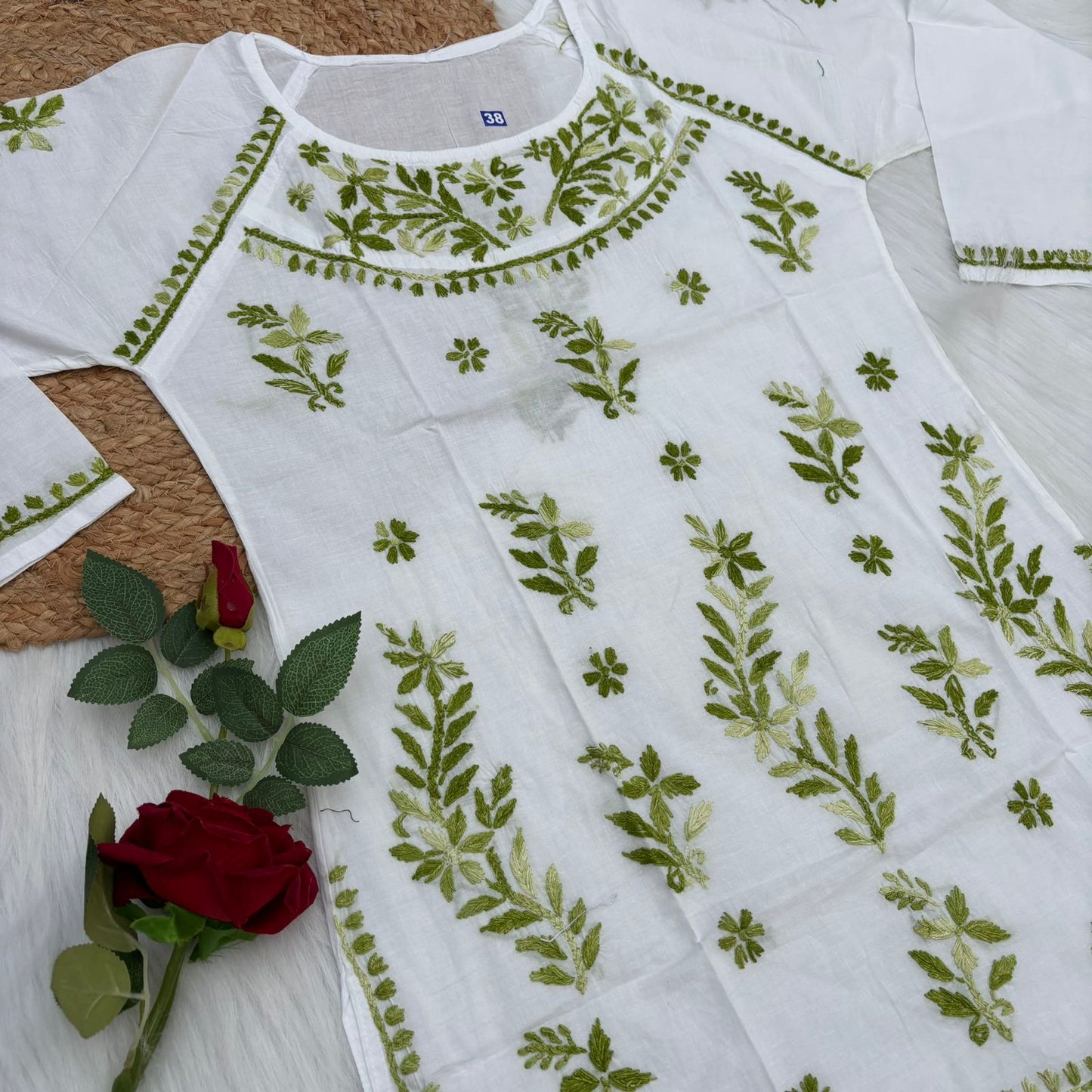 Naaz White Base Pure Mulmul Chikankari Short Kurti with Color Threadwork