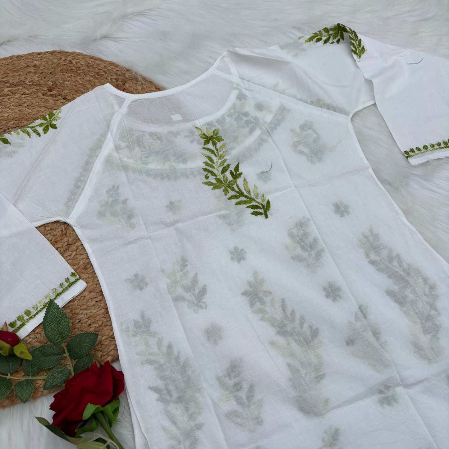 Naaz White Base Pure Mulmul Chikankari Short Kurti with Color Threadwork