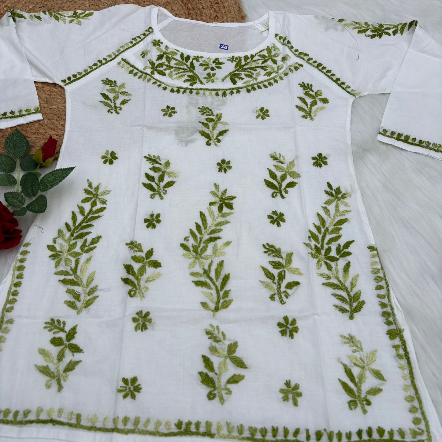 Naaz White Base Pure Mulmul Chikankari Short Kurti with Color Threadwork