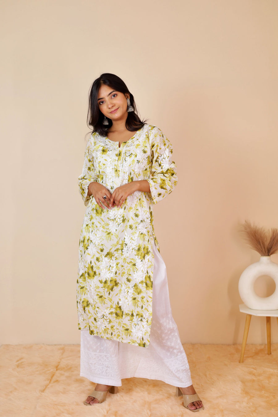 Women's Super Comfy Pure Mulmul Floral Print Lucknowi Chikankari Straight Long Kurti