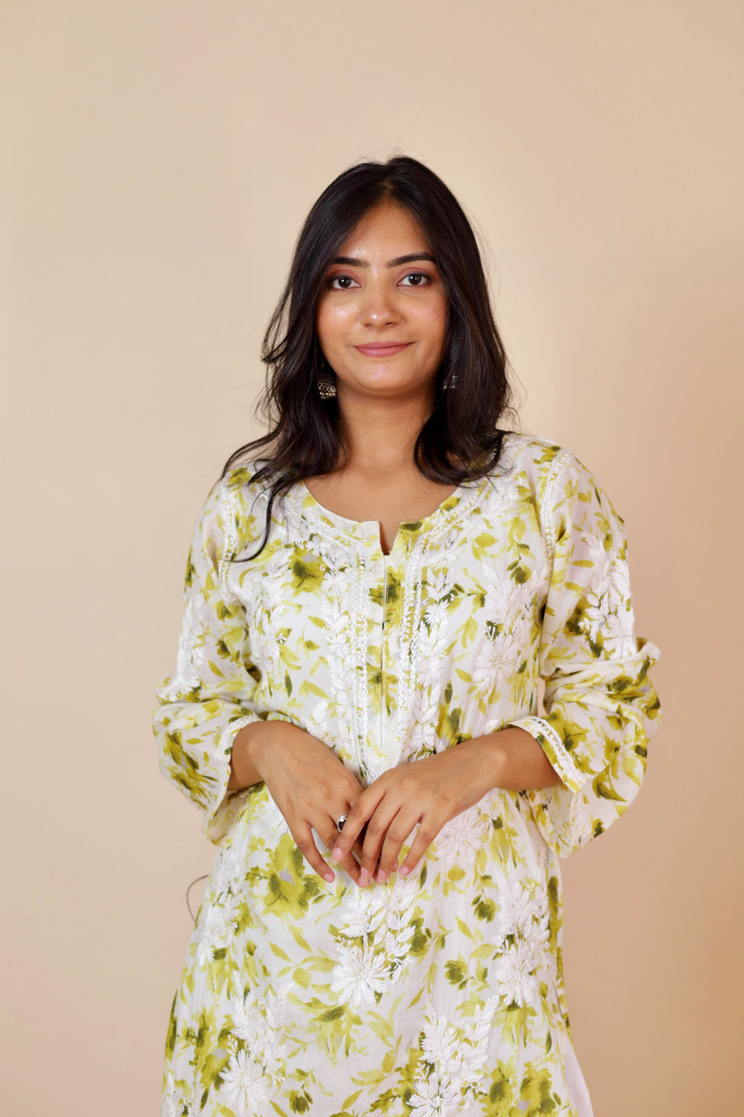 Women's Super Comfy Pure Mulmul Floral Print Lucknowi Chikankari Straight Long Kurti