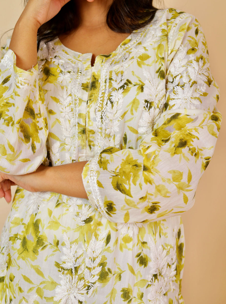 Women's Super Comfy Pure Mulmul Floral Print Lucknowi Chikankari Straight Long Kurti