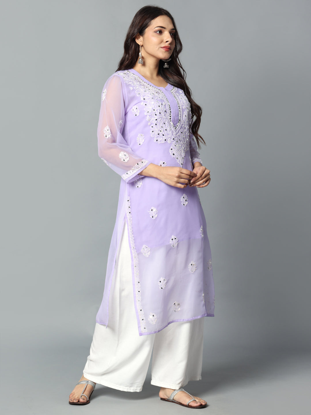 Chikankari Chiffon Georgette Straight Kurti With Real Pasted Mirror Work & Matching Cotton Inner