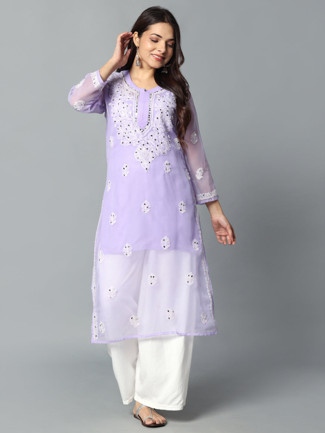 Chikankari Chiffon Georgette Straight Kurti With Real Pasted Mirror Work & Matching Cotton Inner