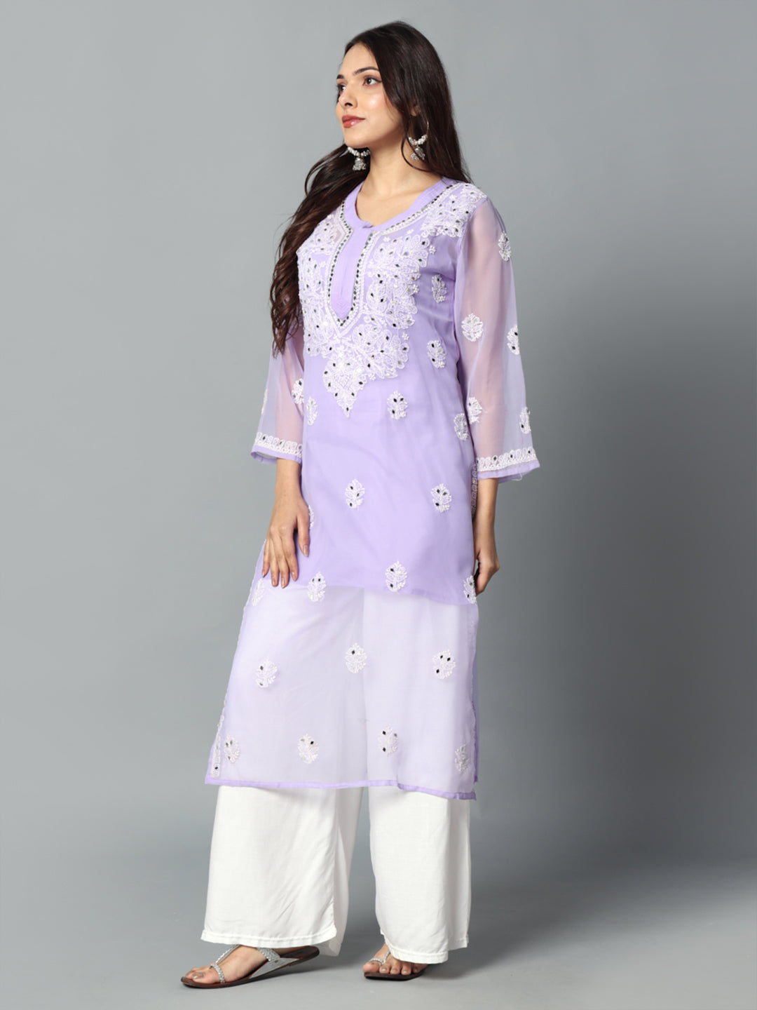 Chikankari Chiffon Georgette Straight Kurti With Real Pasted Mirror Work & Matching Cotton Inner