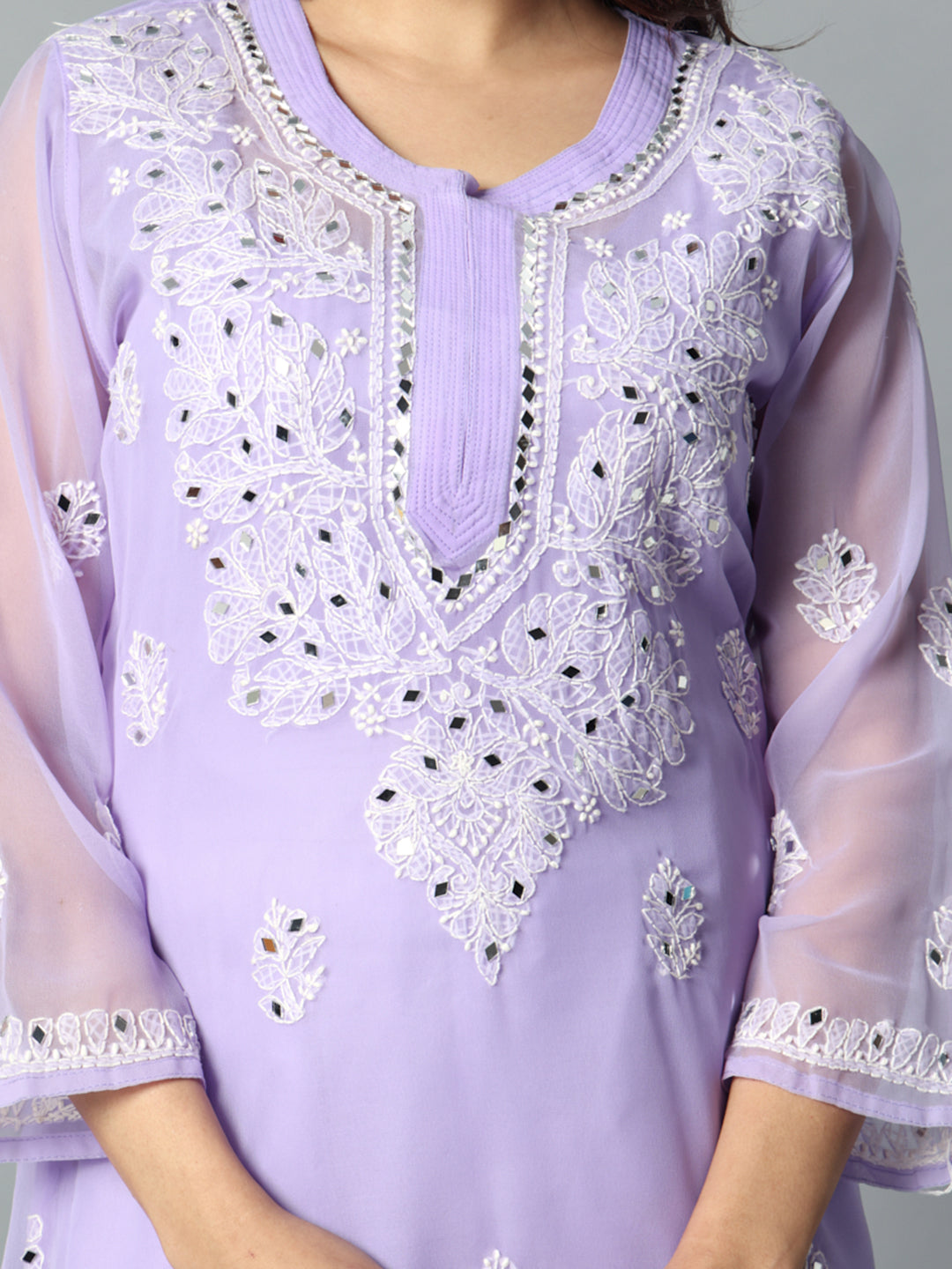 Chikankari Chiffon Georgette Straight Kurti With Real Pasted Mirror Work & Matching Cotton Inner