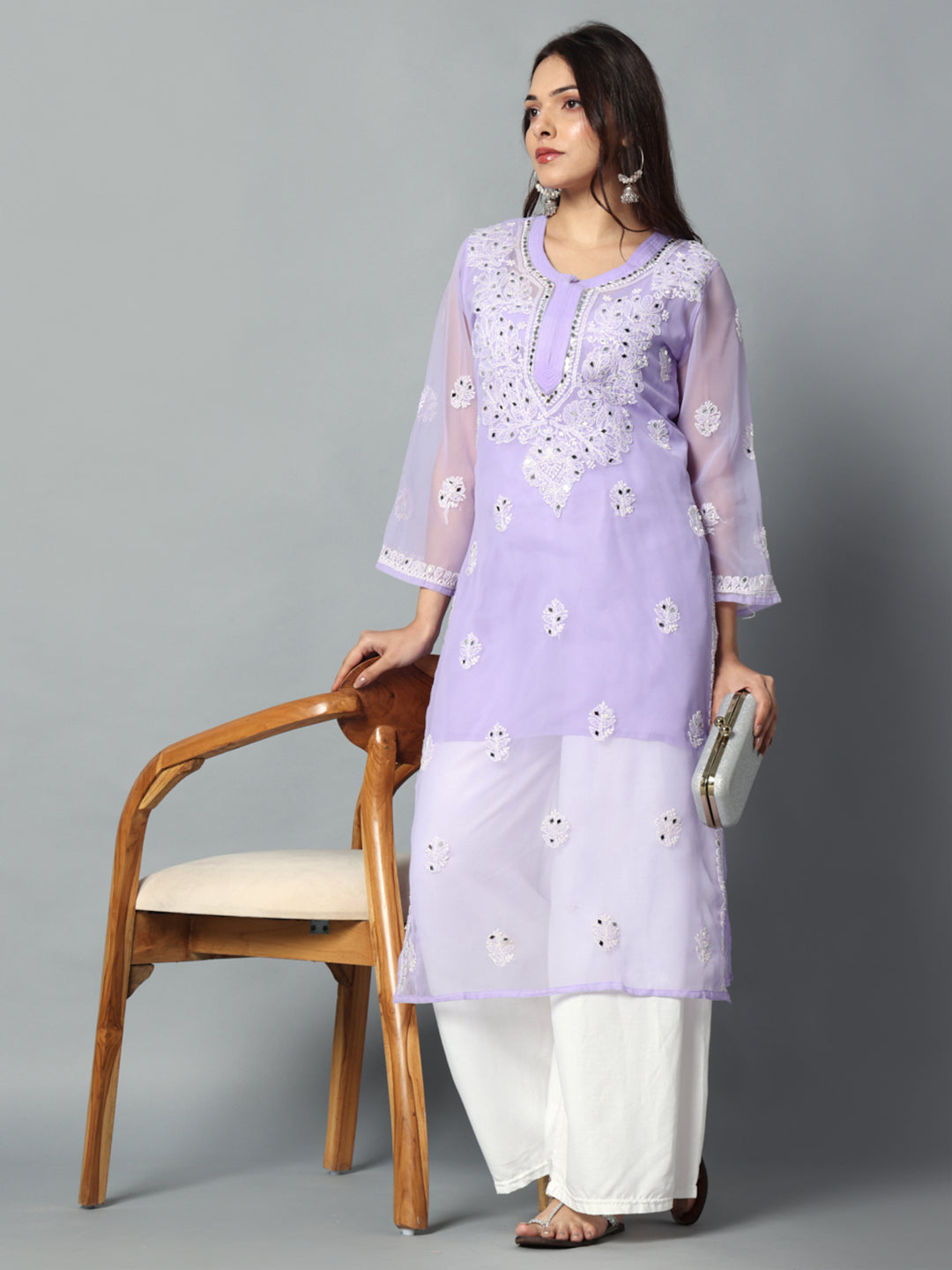 Chikankari Chiffon Georgette Straight Kurti With Real Pasted Mirror Work & Matching Cotton Inner