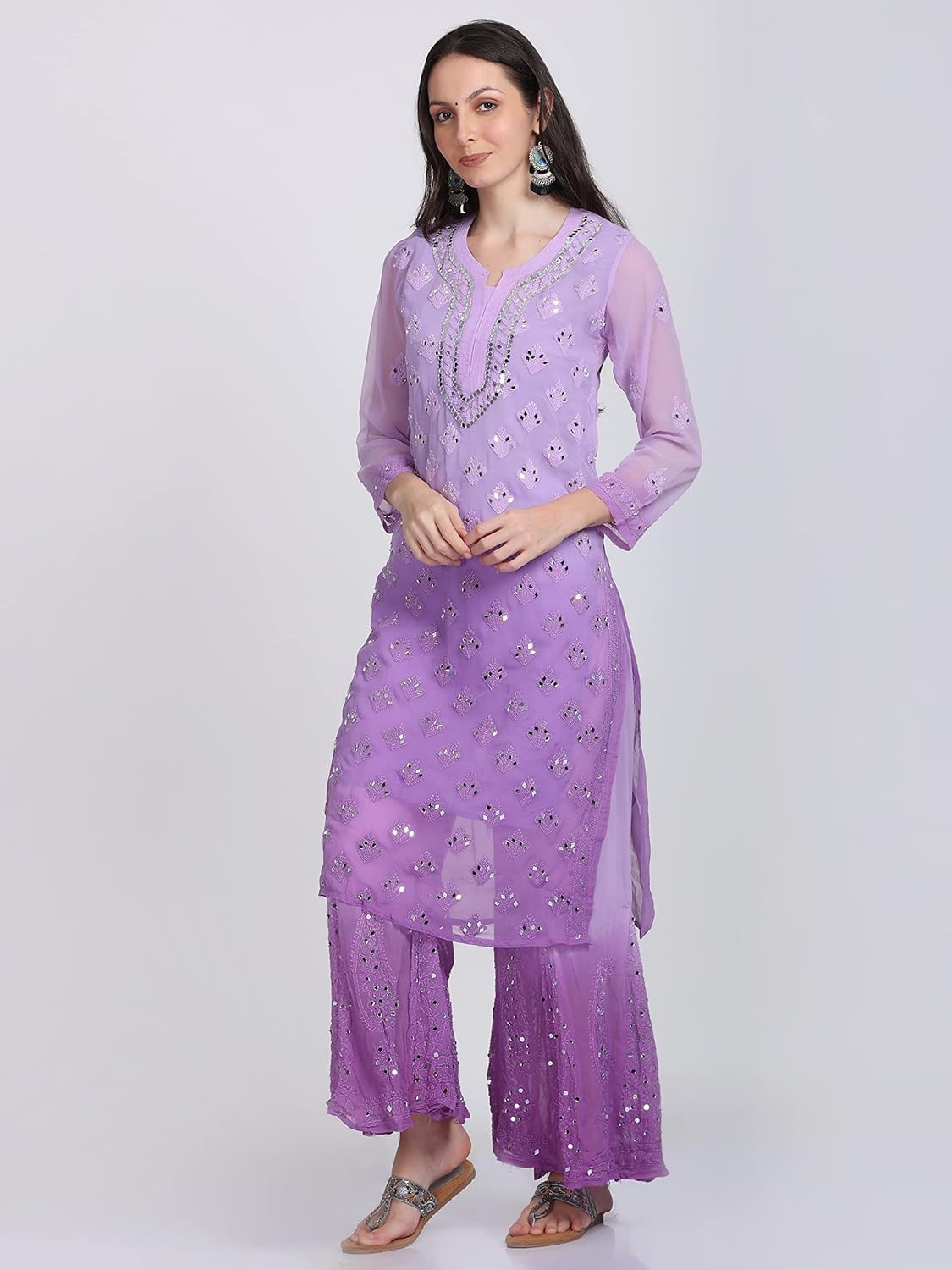 Chiffon Georgette Dyed Real Pasted Mirror Work Kurti, Sharara & Dupatta Set With Free Matching Cotton Inner