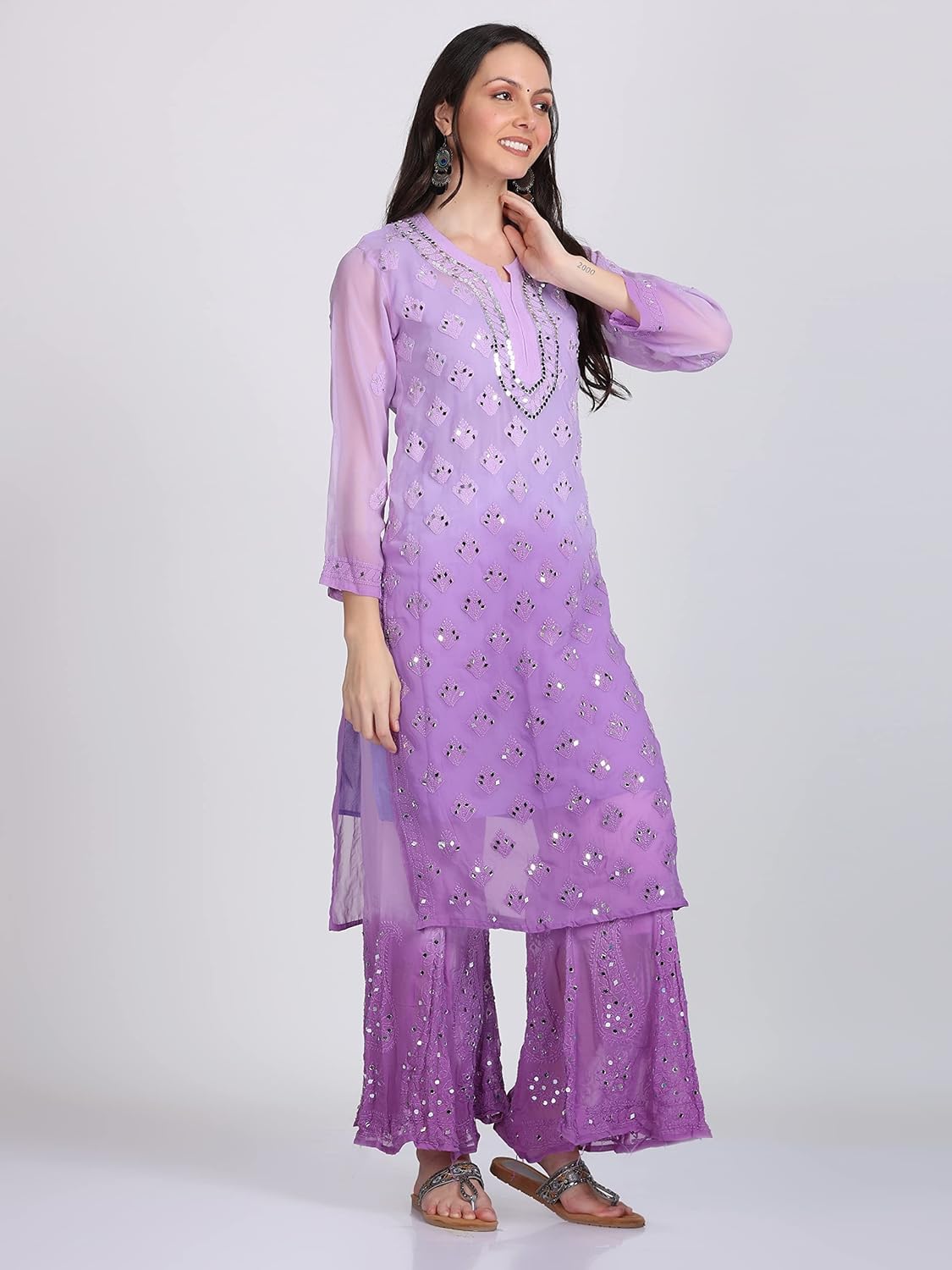 Chiffon Georgette Dyed Real Pasted Mirror Work Kurti, Sharara & Dupatta Set With Free Matching Cotton Inner