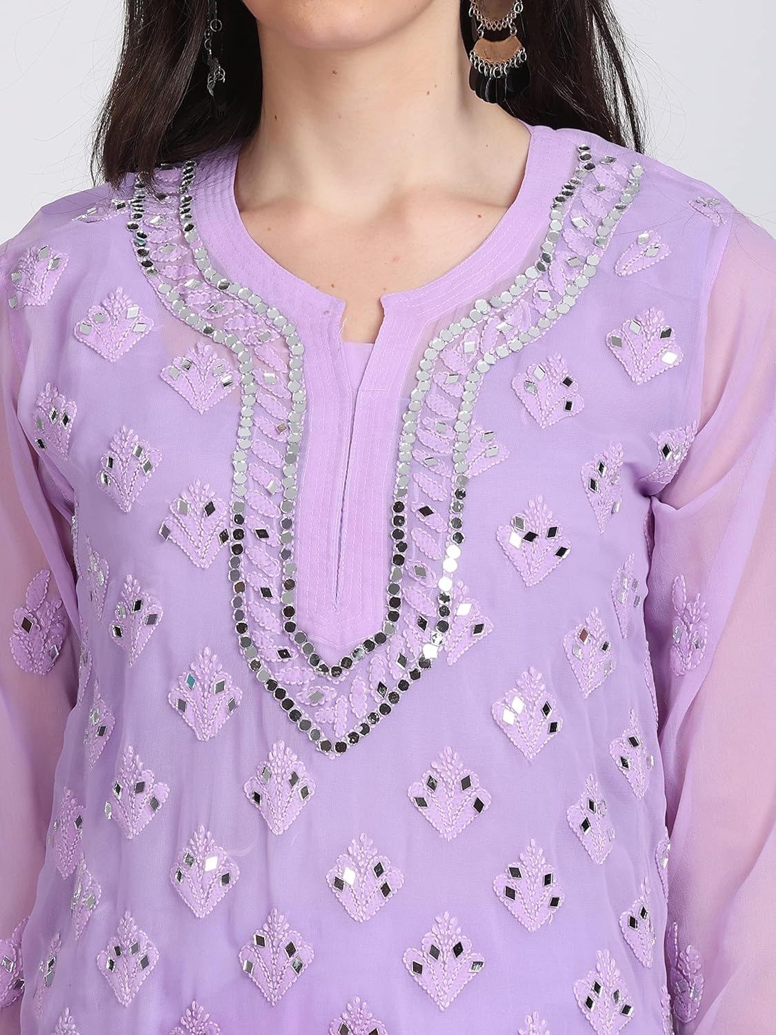Chiffon Georgette Dyed Real Pasted Mirror Work Kurti, Sharara & Dupatta Set With Free Matching Cotton Inner