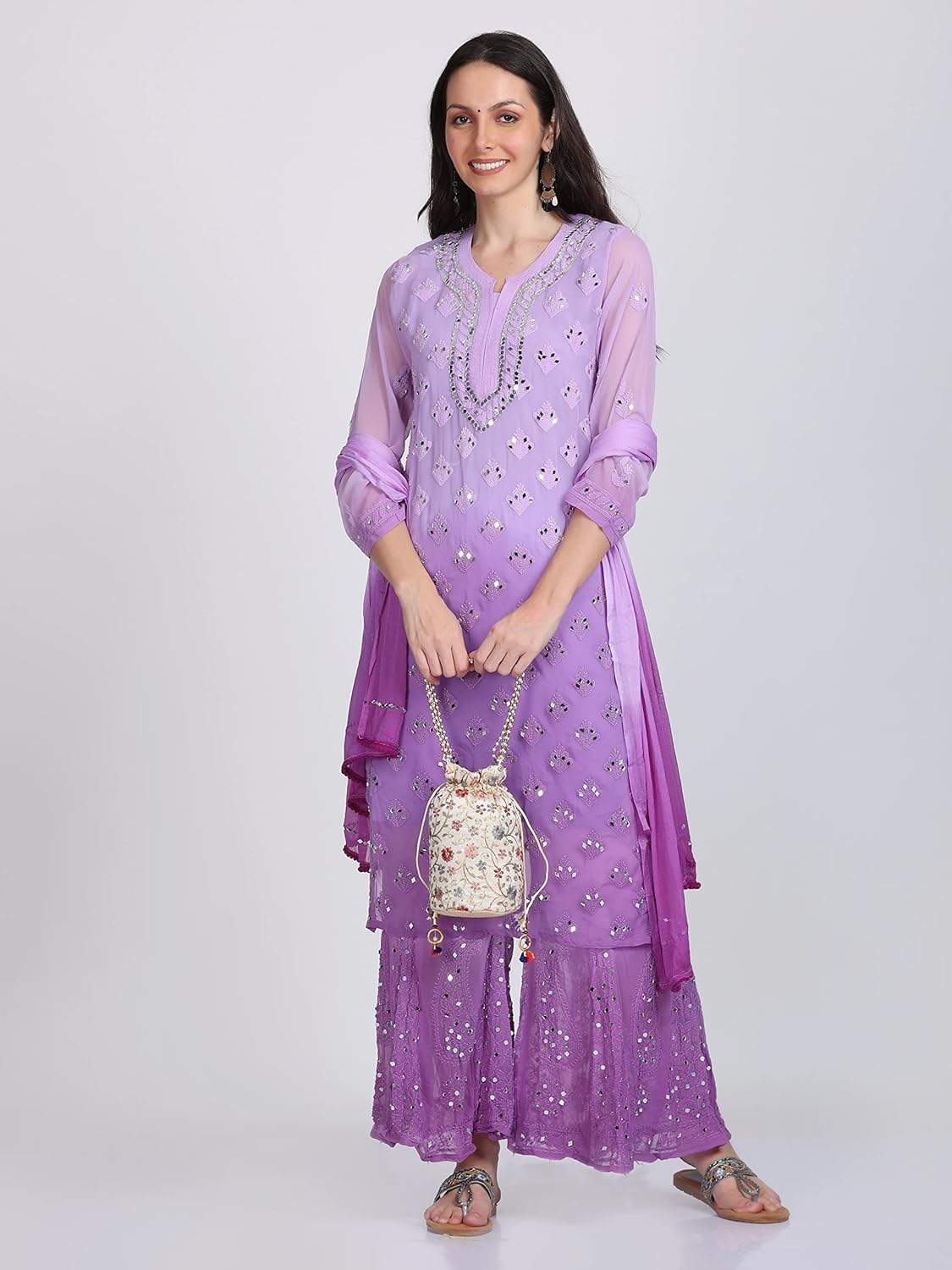 Chiffon Georgette Dyed Real Pasted Mirror Work Kurti, Sharara & Dupatta Set With Free Matching Cotton Inner
