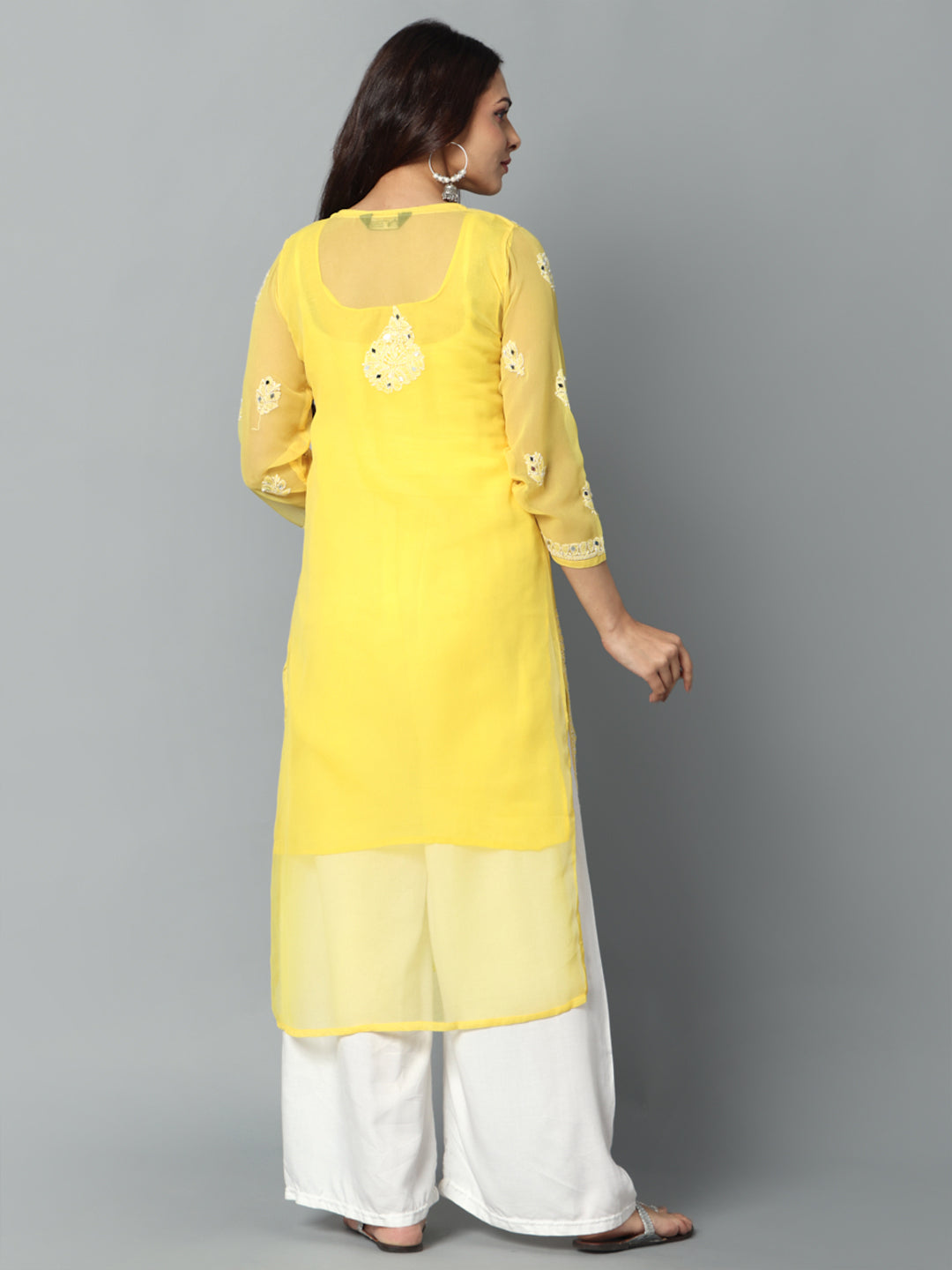 Chikankari Chiffon Georgette Straight Kurti With Real Pasted Mirror Work & Matching Cotton Inner