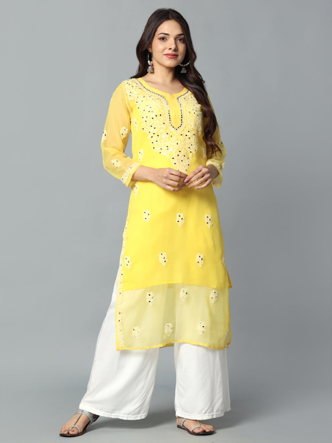 Chikankari Chiffon Georgette Straight Kurti With Real Pasted Mirror Work & Matching Cotton Inner