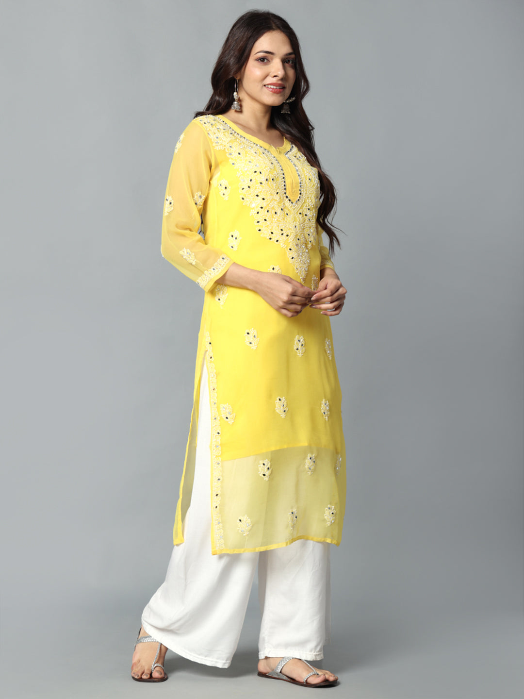 Chikankari Chiffon Georgette Straight Kurti With Real Pasted Mirror Work & Matching Cotton Inner