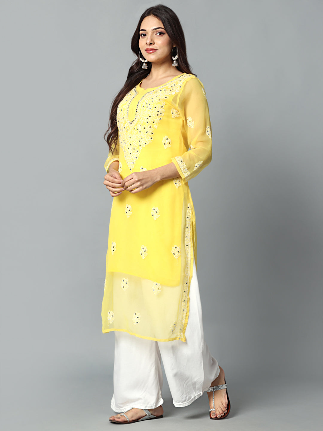 Chikankari Chiffon Georgette Straight Kurti With Real Pasted Mirror Work & Matching Cotton Inner