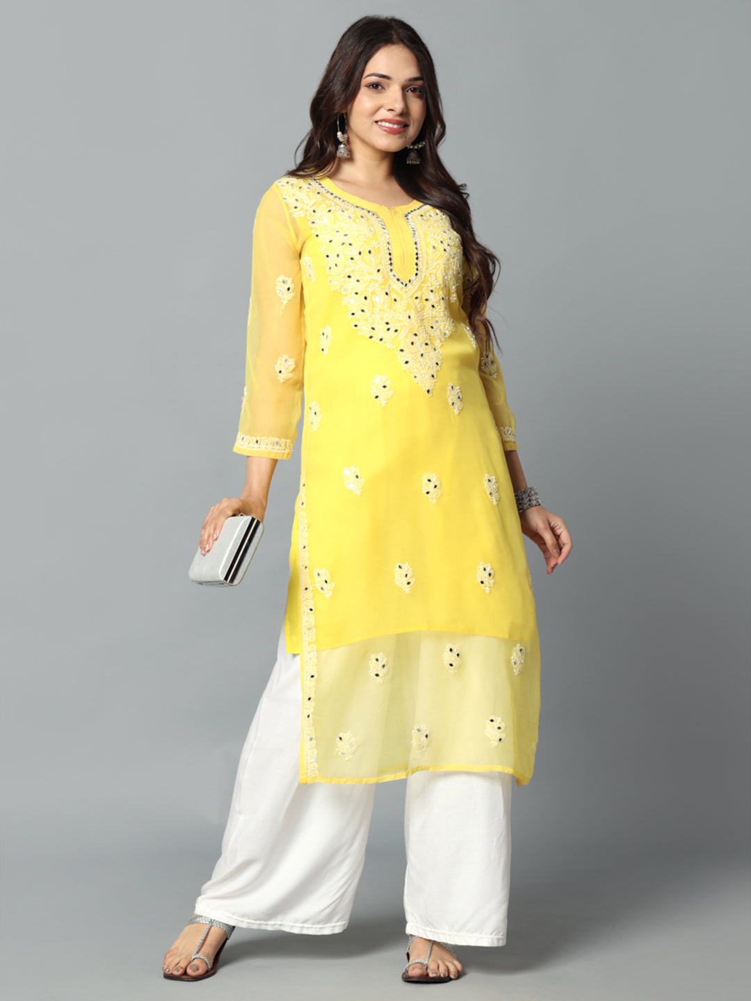 Chikankari Chiffon Georgette Straight Kurti With Real Pasted Mirror Work & Matching Cotton Inner