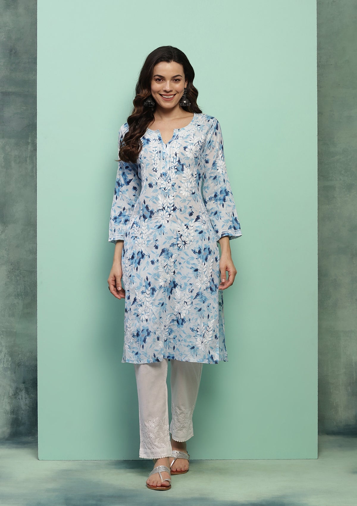 Women's Super Comfy Pure Mulmul Floral Print Lucknowi Chikankari Straight Long Kurti