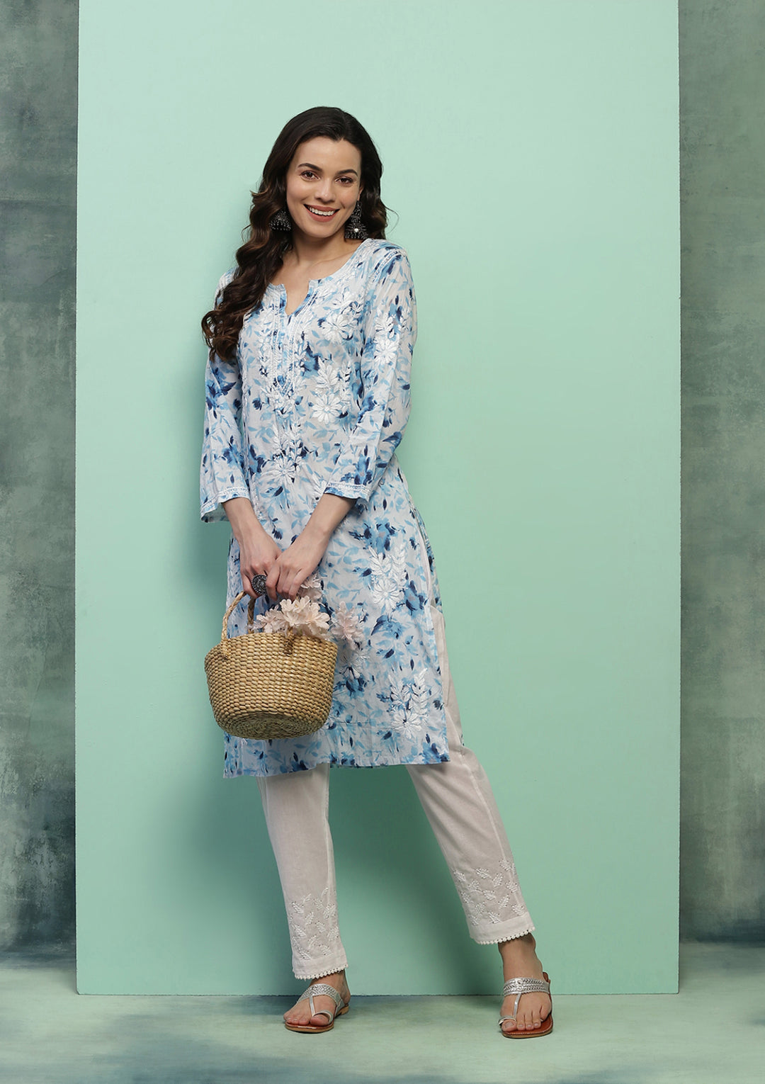 Women's Super Comfy Pure Mulmul Floral Print Lucknowi Chikankari Straight Long Kurti