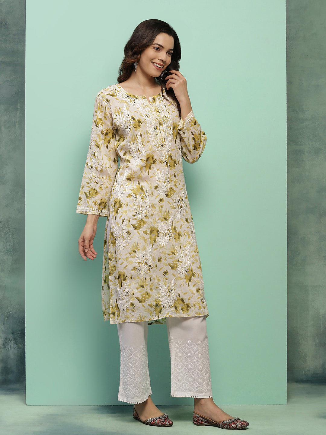 Women's Super Comfy Pure Mulmul Floral Print Lucknowi Chikankari Straight Long Kurti