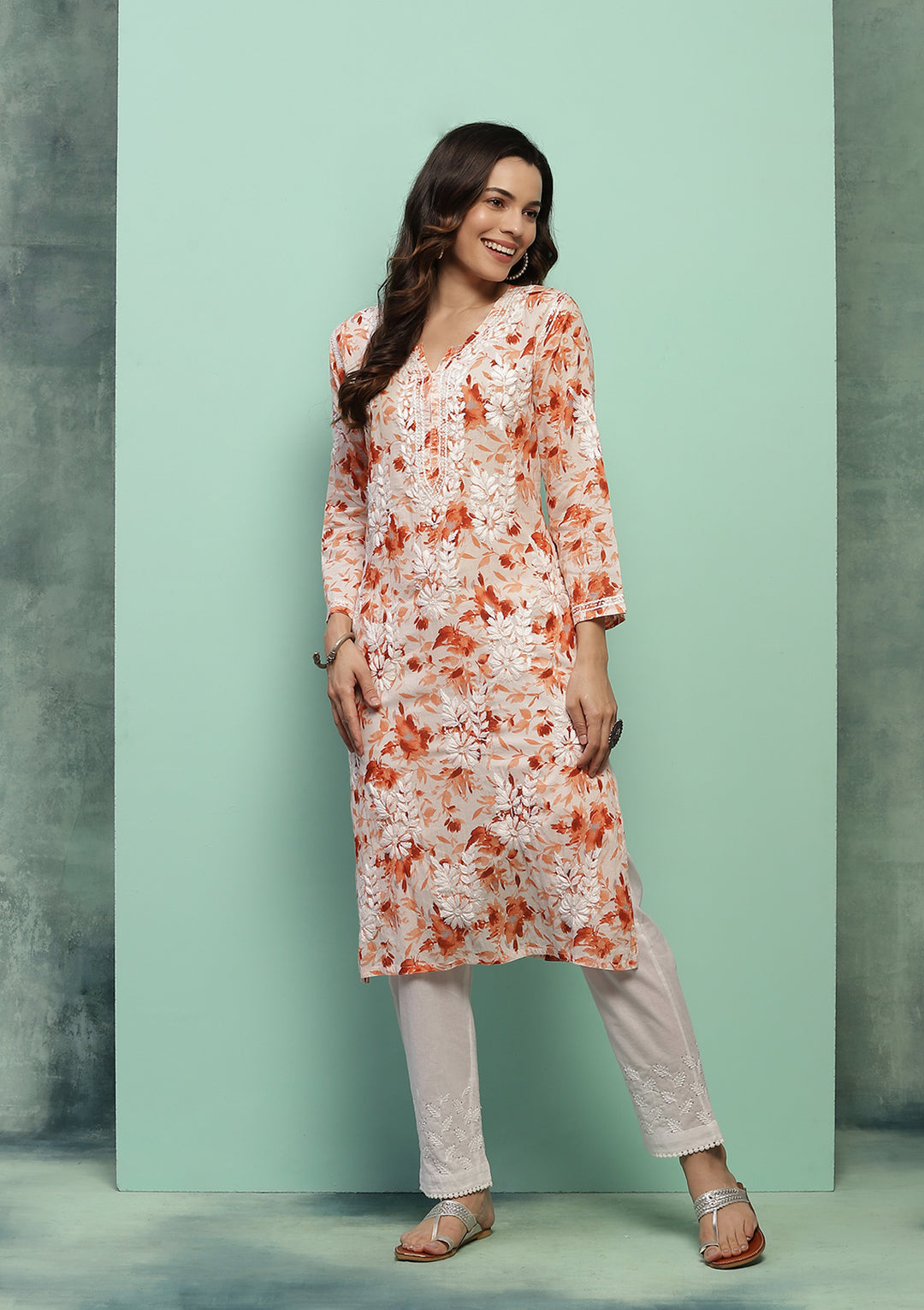 Women's Super Comfy Pure Mulmul Floral Print Lucknowi Chikankari Straight Long Kurti