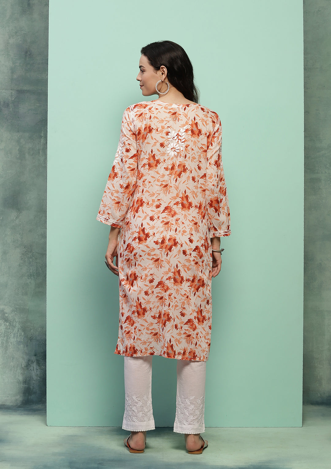 Women's Super Comfy Pure Mulmul Floral Print Lucknowi Chikankari Straight Long Kurti