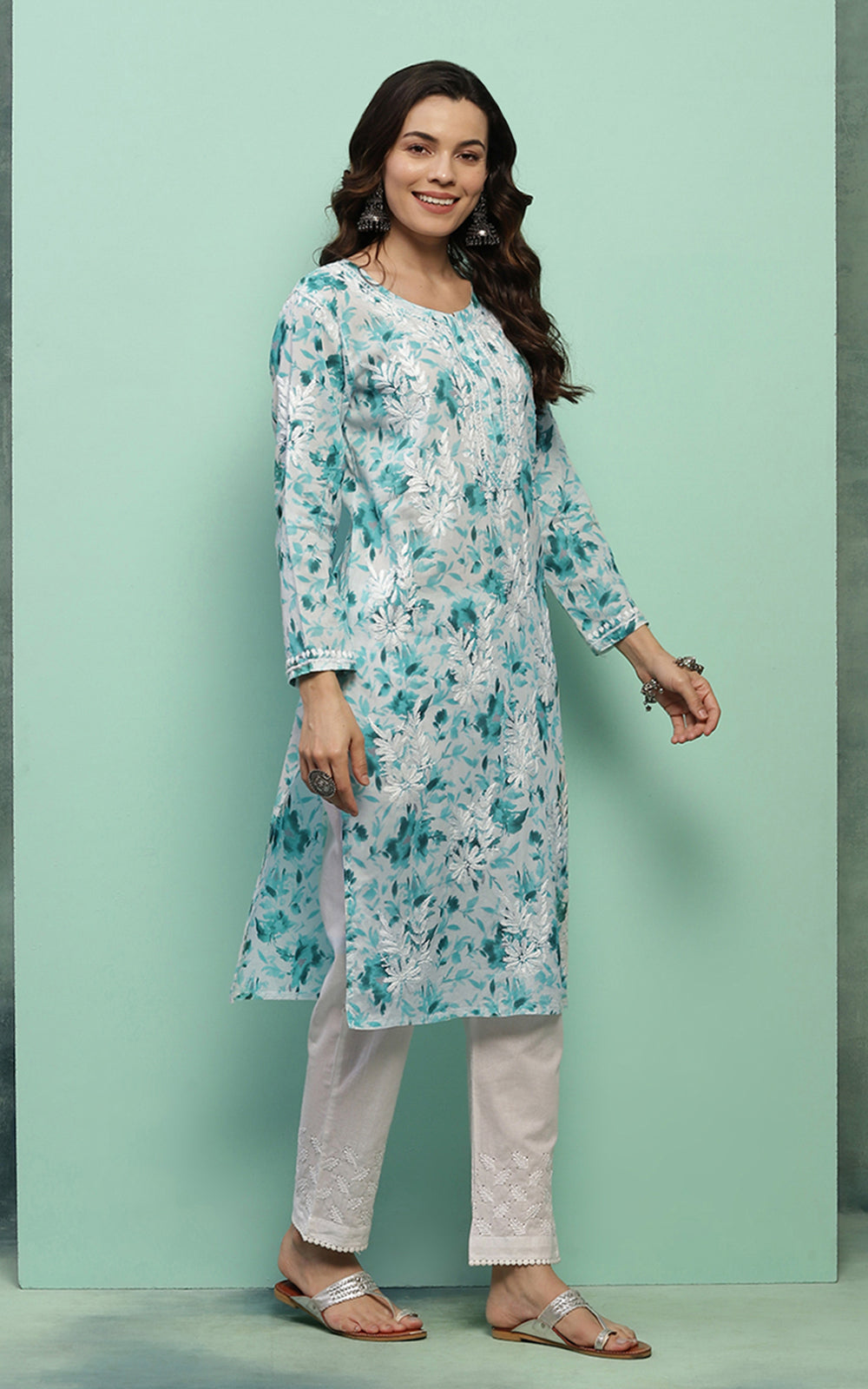 Women's Super Comfy Pure Mulmul Floral Print Lucknowi Chikankari Straight Long Kurti