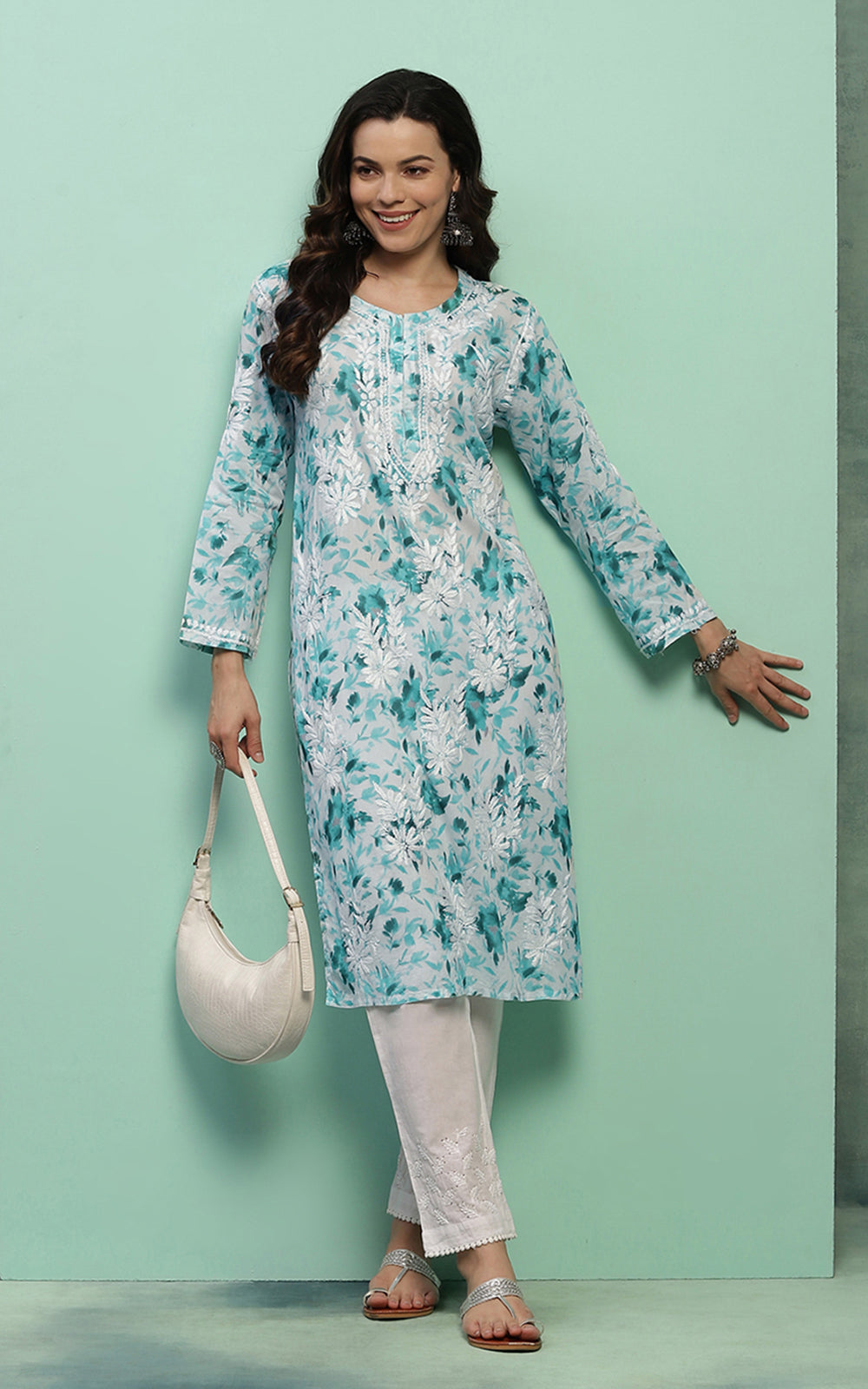 Women's Super Comfy Pure Mulmul Floral Print Lucknowi Chikankari Straight Long Kurti