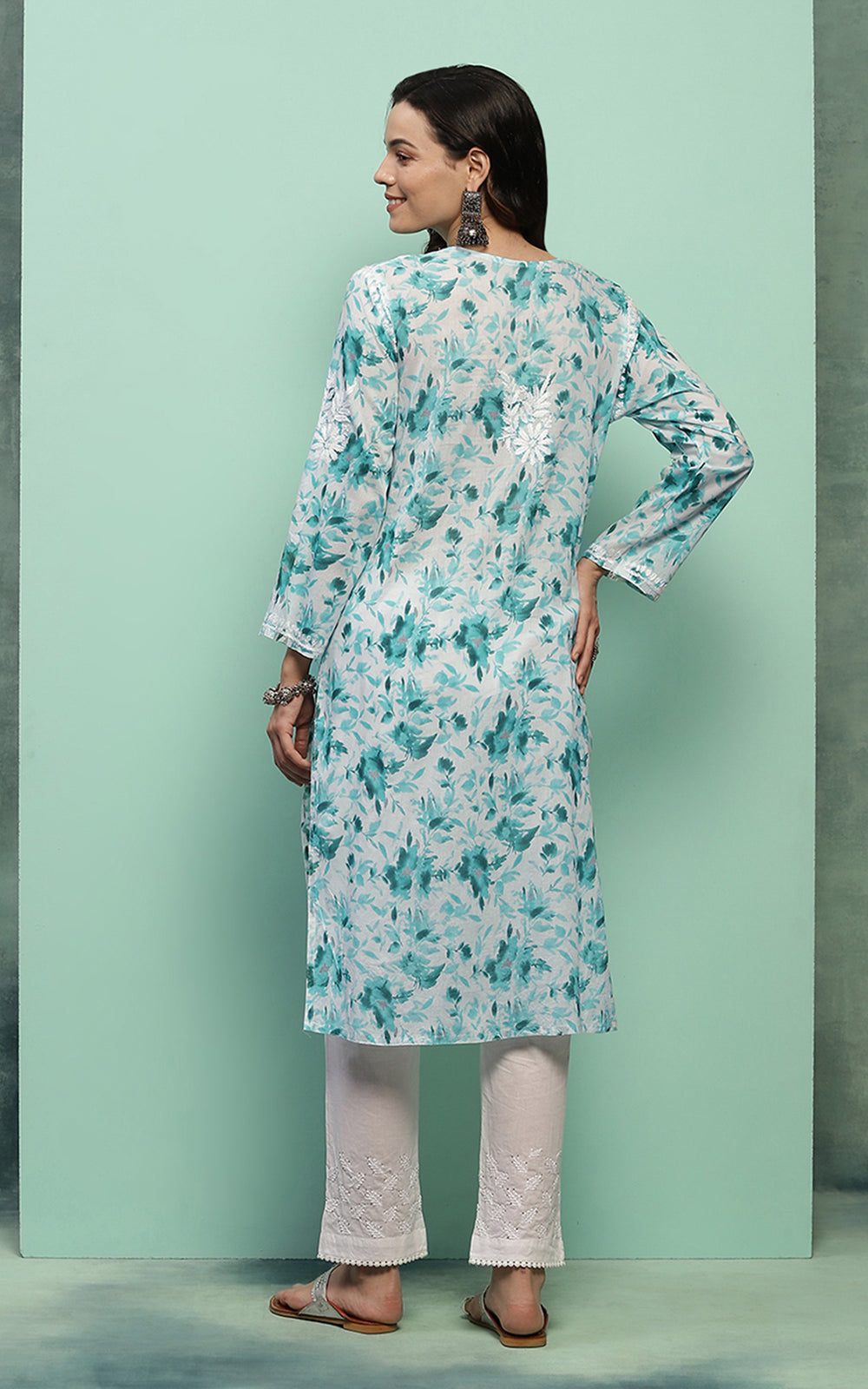 Women's Super Comfy Pure Mulmul Floral Print Lucknowi Chikankari Straight Long Kurti