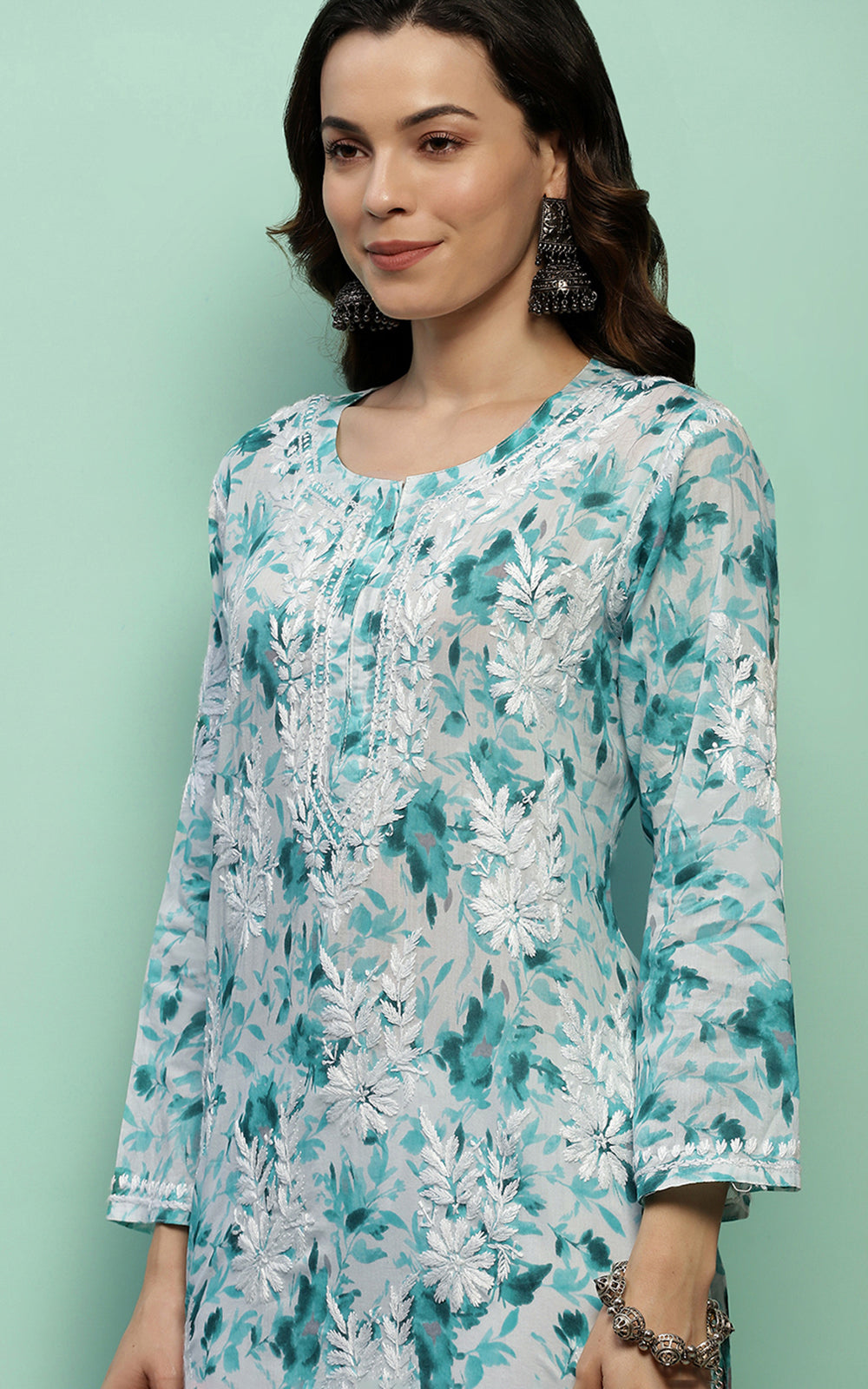 Women's Super Comfy Pure Mulmul Floral Print Lucknowi Chikankari Straight Long Kurti