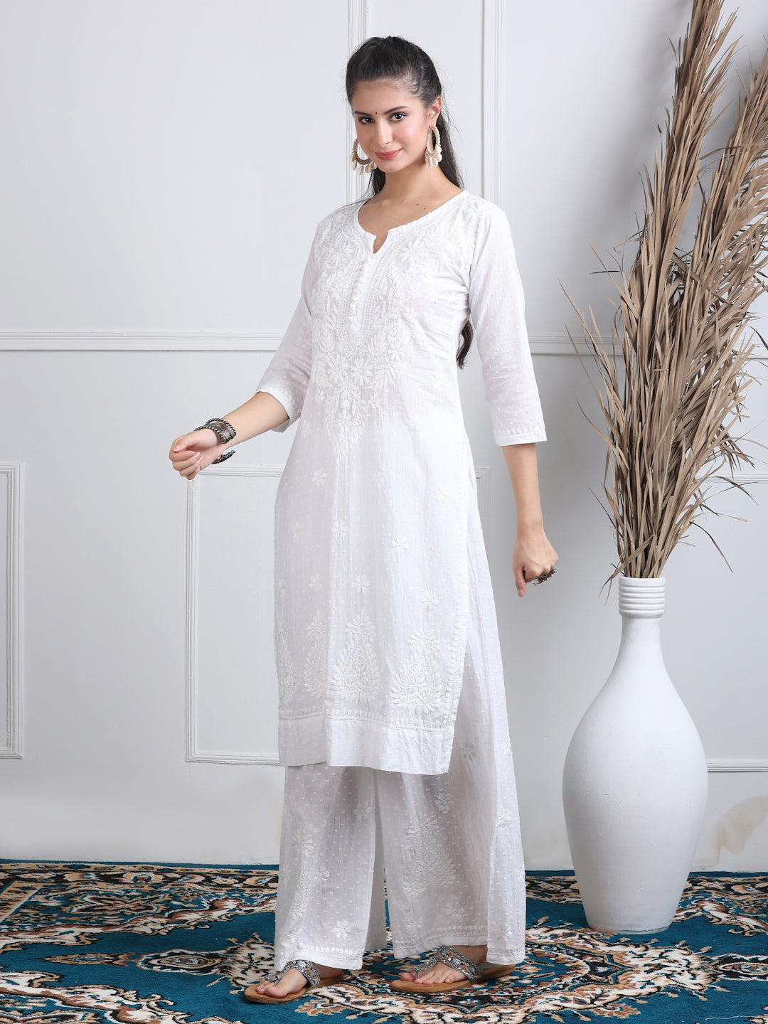 Midhat Women’s White Lucknowi Chikankari Cotton Kurti, Palazzo & Dupatta Set