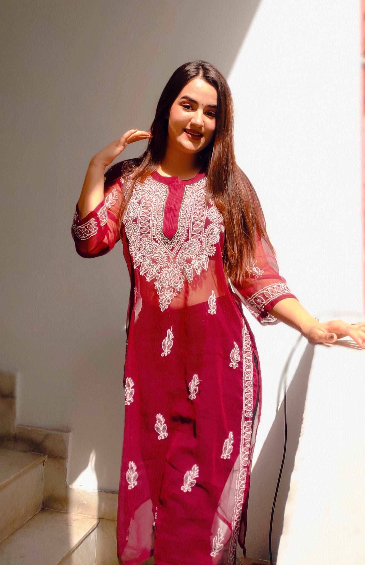 Chikankari Chiffon Georgette Straight Kurti With Real Pasted Mirror Work & Matching Cotton Inner