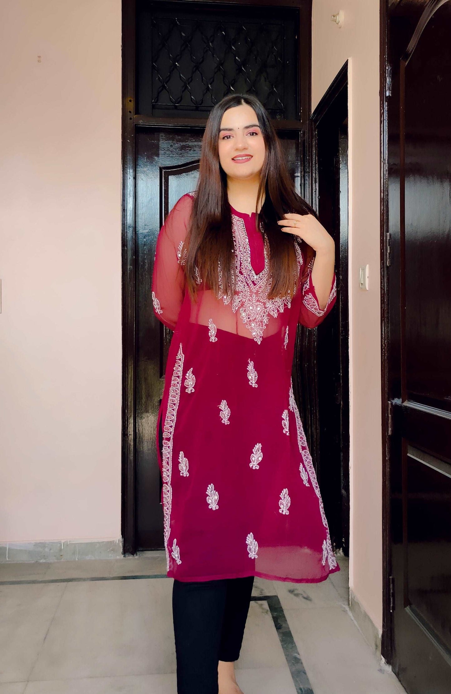 Chikankari Chiffon Georgette Straight Kurti With Real Pasted Mirror Work & Matching Cotton Inner