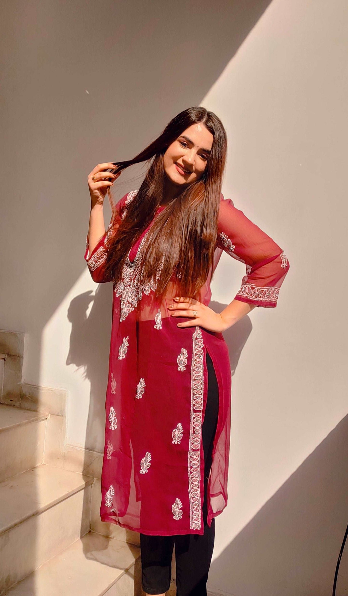Chikankari Chiffon Georgette Straight Kurti With Real Pasted Mirror Work & Matching Cotton Inner