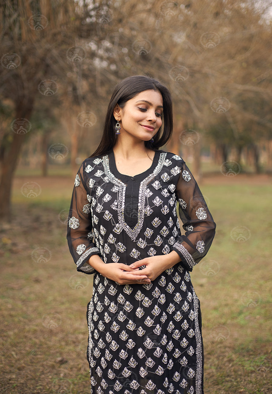 Hadia Georgette Chikankari Straight Kurti With Real Pasted Mirror Work & Matching Cotton Inner