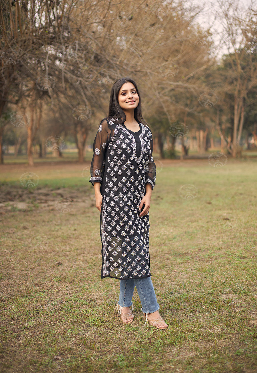 Hadia Georgette Chikankari Straight Kurti With Real Pasted Mirror Work & Matching Cotton Inner