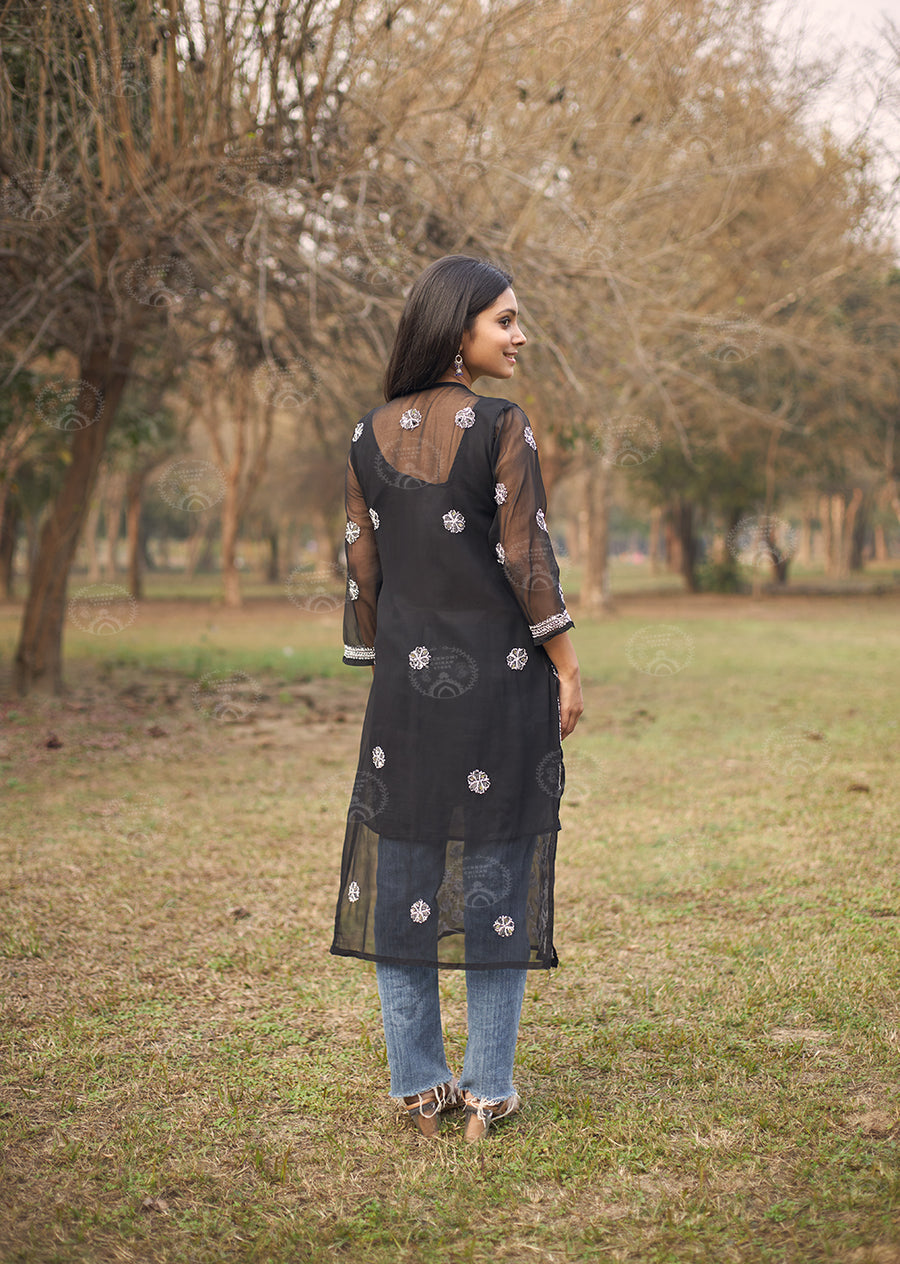 Hadia Georgette Chikankari Straight Kurti With Real Pasted Mirror Work & Matching Cotton Inner