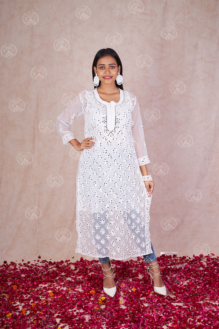 Chikankari White Booti Jaal Straight Kurti With Real Pasted Mirror Work & Matching Cotton Inner