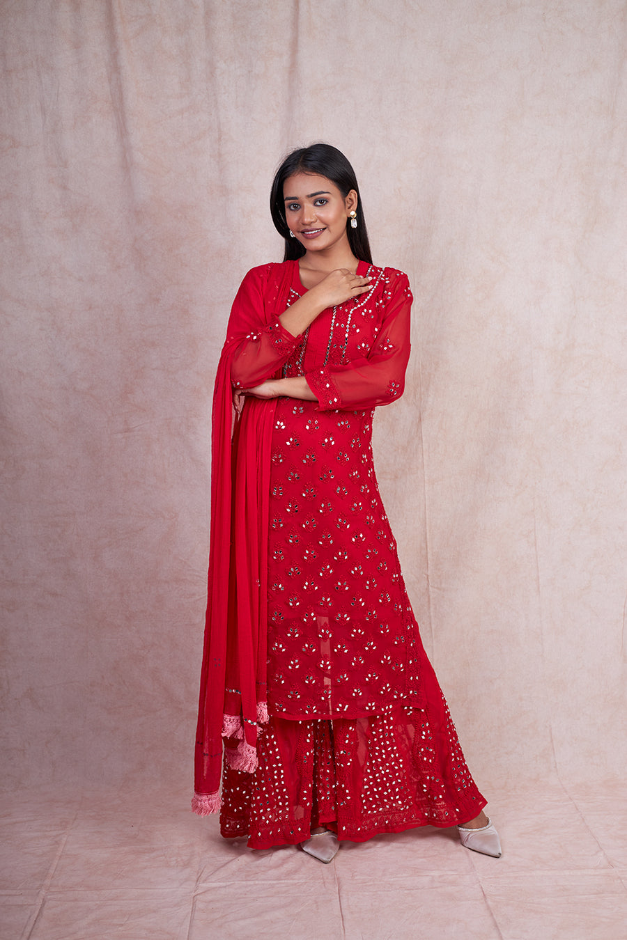 Premium Chiffon Georgette Mirror Work Kurti, Sharara & Dupatta Set With Free Matching Cotton Inner, Mirror Work 4-Piece Kurti Set