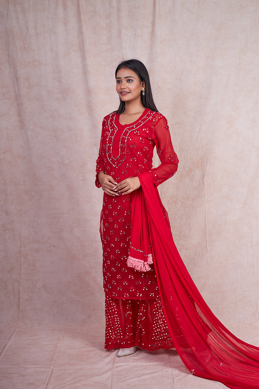 Premium Chiffon Georgette Mirror Work Kurti, Sharara & Dupatta Set With Free Matching Cotton Inner, Mirror Work 4-Piece Kurti Set
