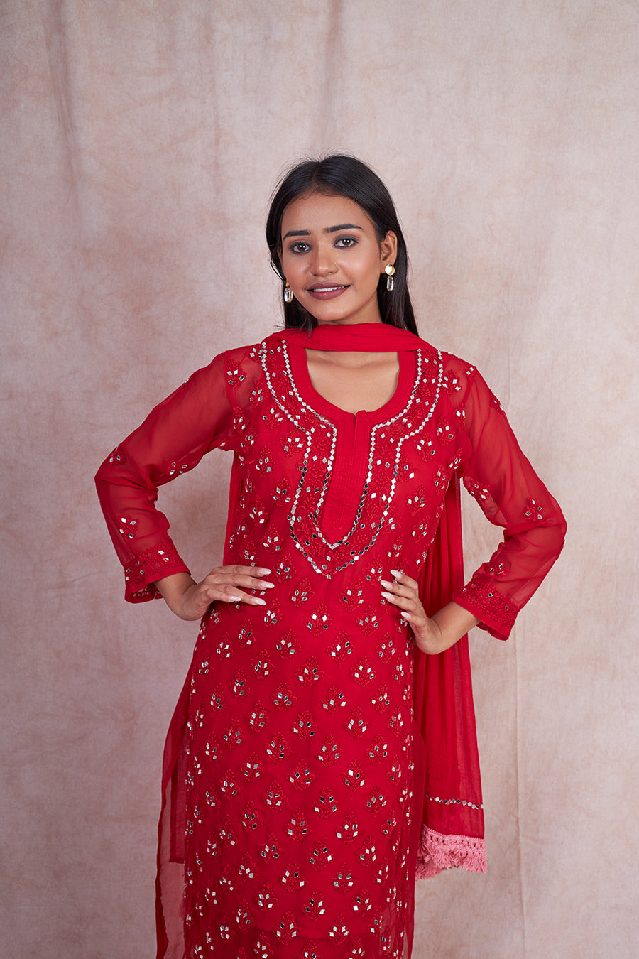 Premium Chiffon Georgette Mirror Work Kurti, Sharara & Dupatta Set With Free Matching Cotton Inner, Mirror Work 4-Piece Kurti Set