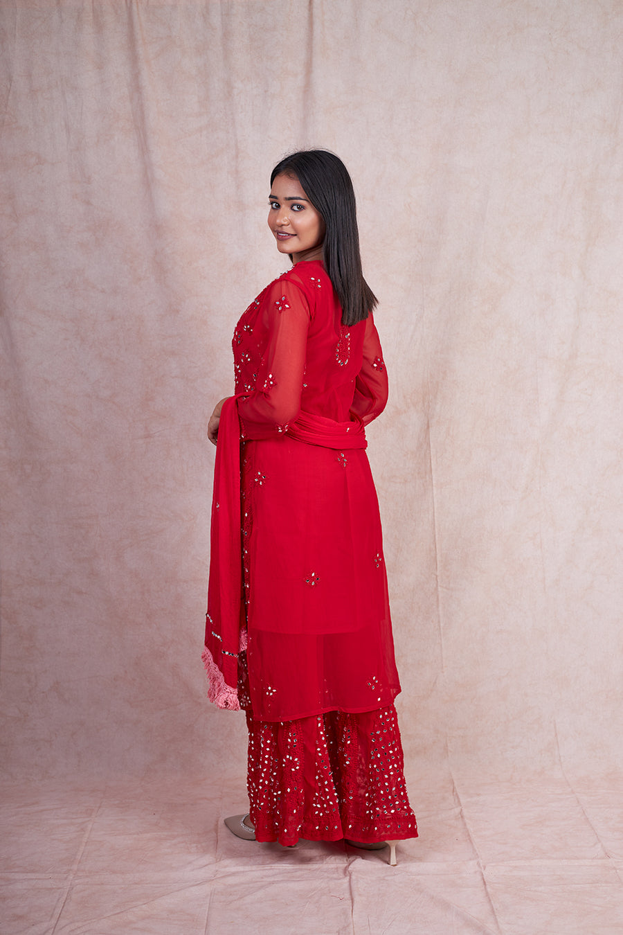 Premium Chiffon Georgette Mirror Work Kurti, Sharara & Dupatta Set With Free Matching Cotton Inner, Mirror Work 4-Piece Kurti Set