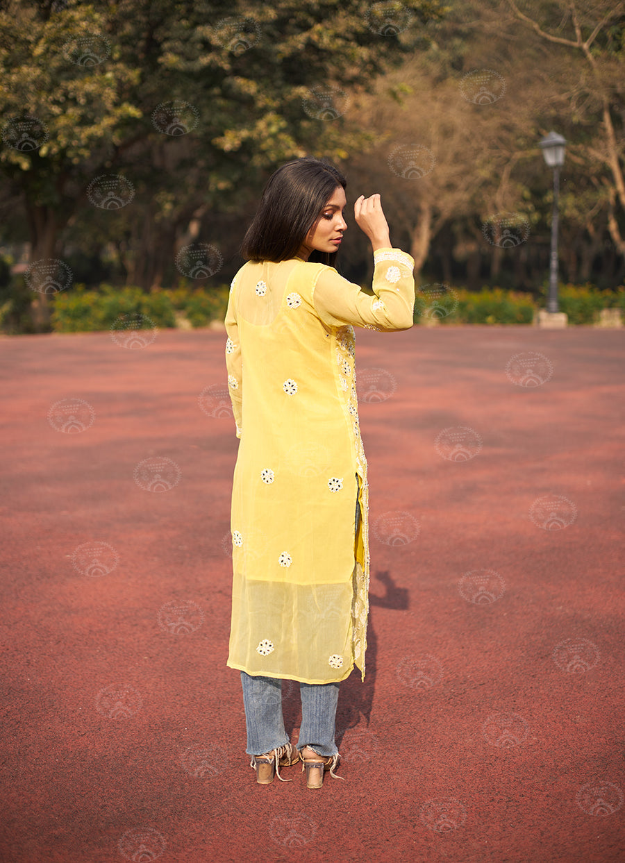 Hadia Georgette Chikankari Straight Kurti With Real Pasted Mirror Work & Matching Cotton Inner