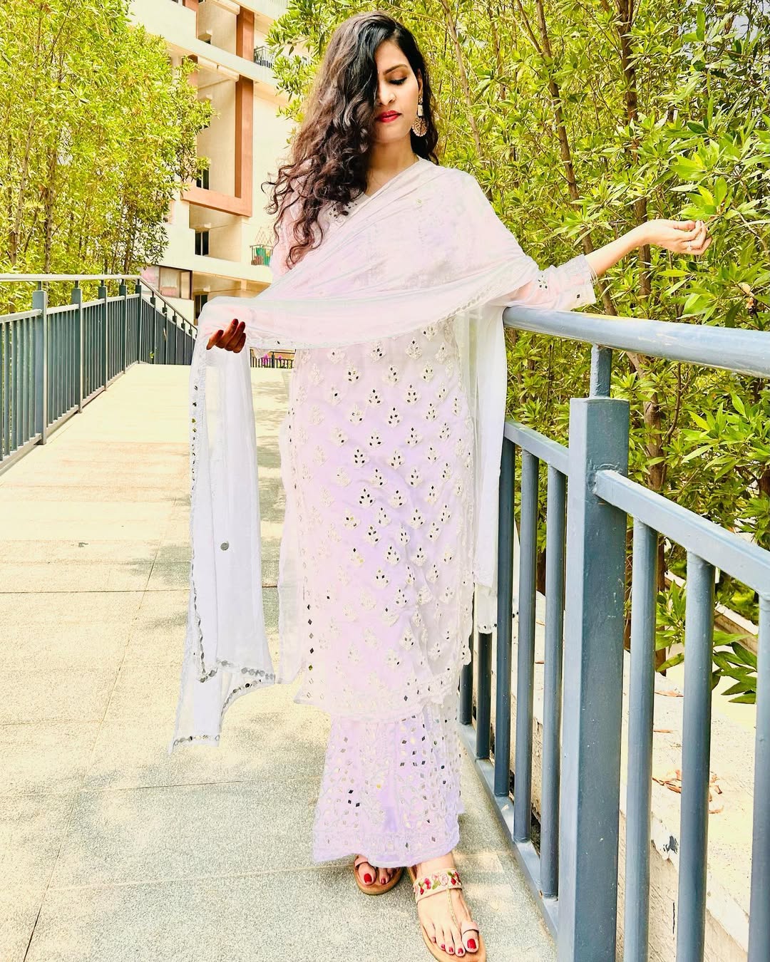 Premium Chiffon Georgette Real Pasted Mirror Work Kurti, Sharara & Dupatta Set With Matching Cotton Inner, 4-Piece Kurti Set