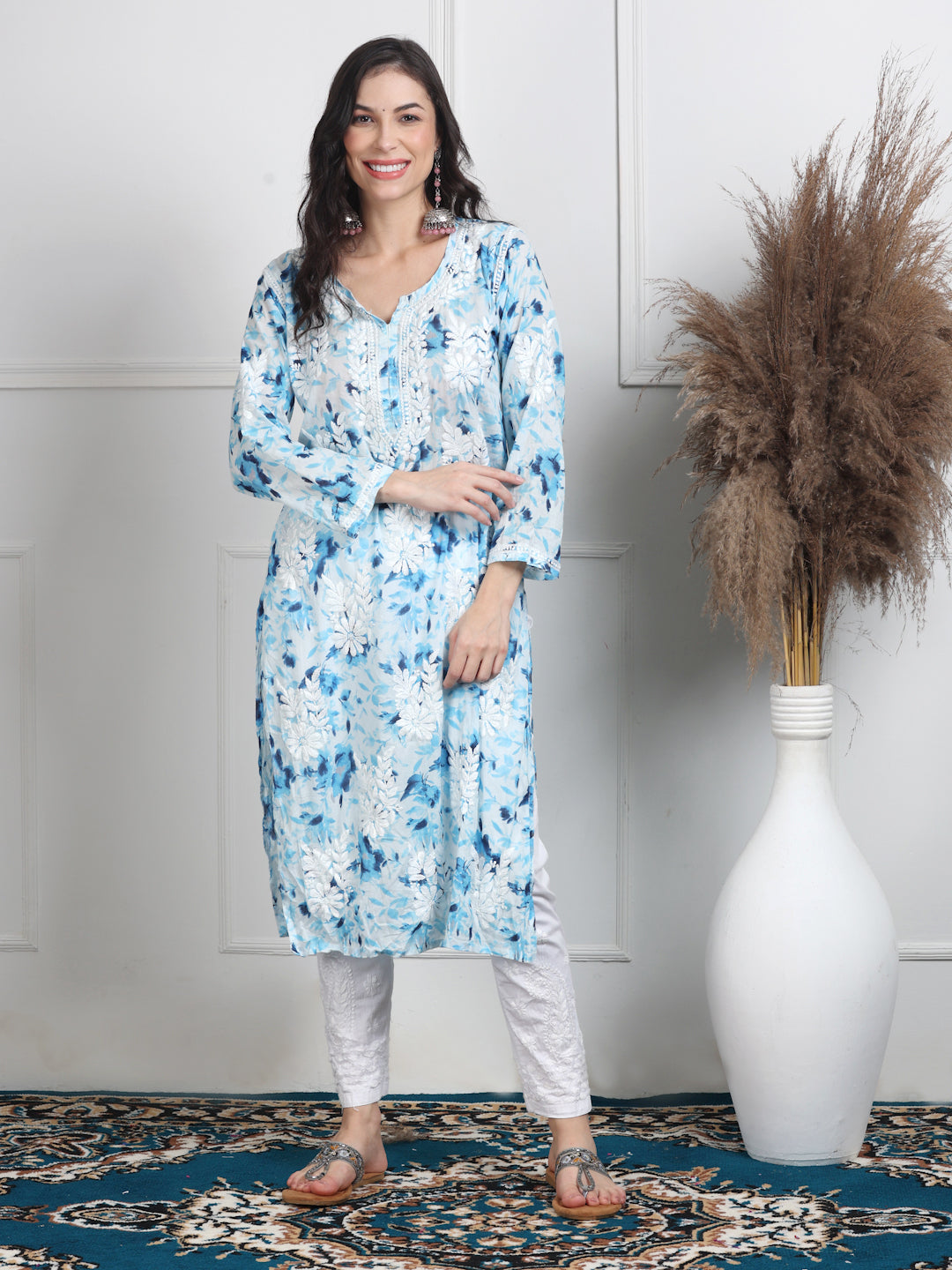 Women's White Base Pure Mulmul Floral Print Lucknowi Chikankari Straight Long Kurti