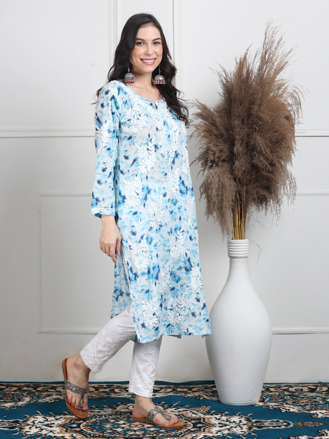 Women's White Base Pure Mulmul Floral Print Lucknowi Chikankari Straight Long Kurti