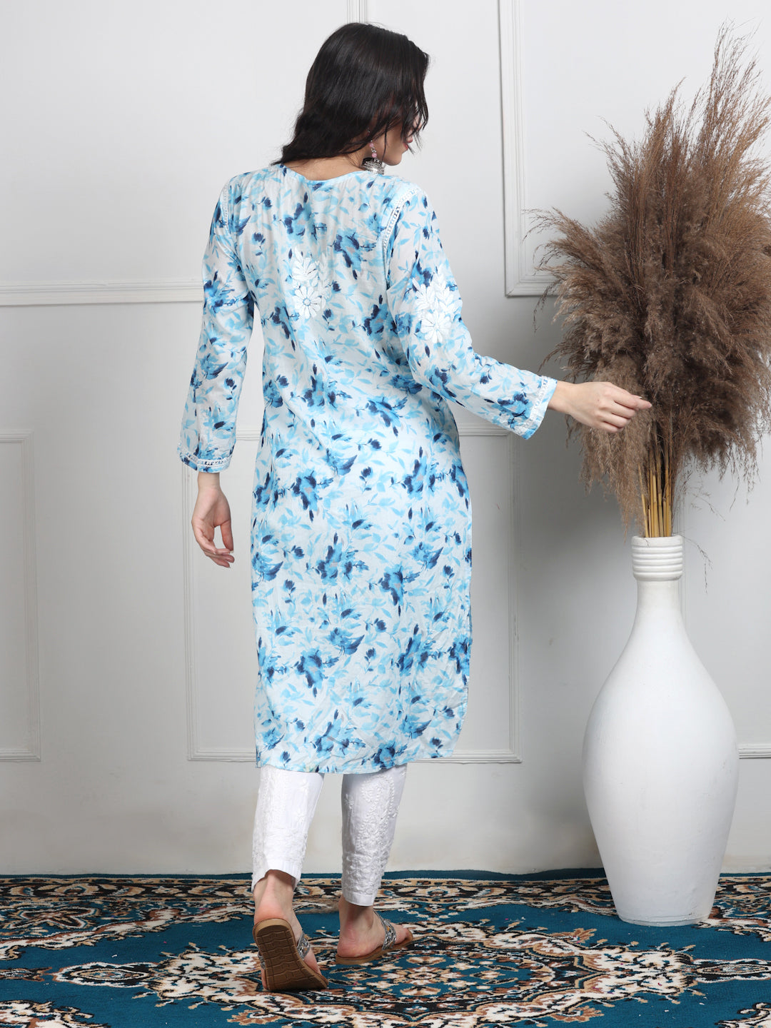 Women's White Base Pure Mulmul Floral Print Lucknowi Chikankari Straight Long Kurti