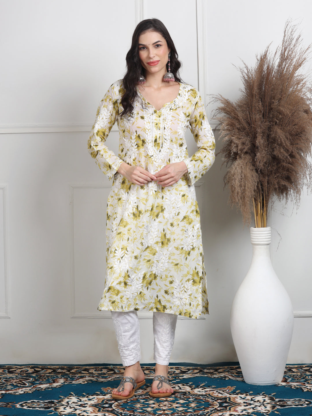 Women's White Base Pure Mulmul Floral Print Lucknowi Chikankari Straight Long Kurti